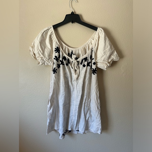 Free People Floral Embroidered Cotton Tie Back Puffy Sleeve Boho Mini Dress - Picture 4 of 4